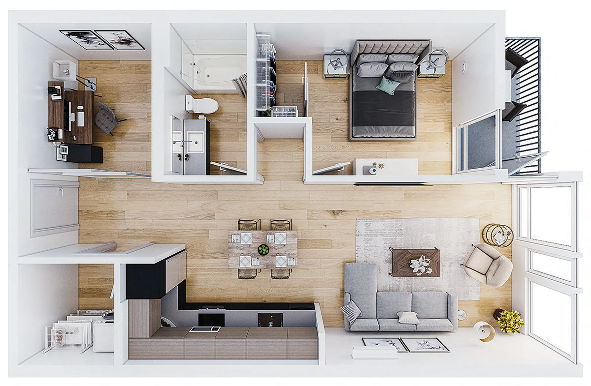 Floor plan for 1 bed, 1 bath, 806 sqft